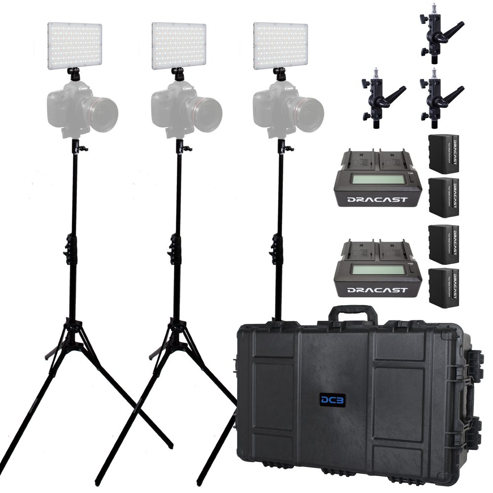Dracast X Series LED Lighting Kit 37 (x3 DRX240B, Battery Kits, Swivel Mounts, Light Stands, 7975 Travel Case)